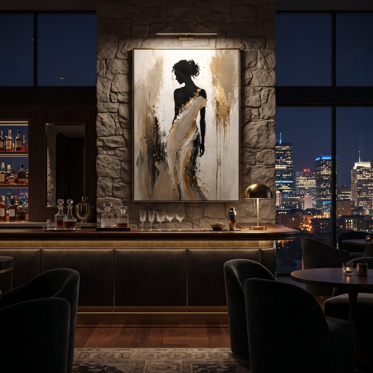 Black Silhouette White Shawl focuses on standing black female silhouette wrapped in a white shawl against beige and gold textured vertical ground. The composition is built from the exact pose, clothing shape, accessories, furniture, animal form, shoreline, palm shape, surfboard, or table arrangement visible in this artwork, so the image reads as a specific modern figurative painting rather than a generic decorative abstract. The black; white; beige palette gives the piece its main atmosphere