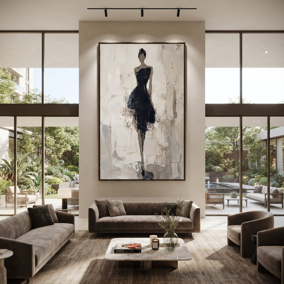 Black Dress Gallery Figure focuses on slender woman in black dress standing in a pale gallery-like field with grey plaster marks. The composition is built from the exact pose, clothing shape, accessories, furniture, animal form, shoreline, palm shape, surfboard, or table arrangement visible in this artwork, so the image reads as a specific modern figurative painting rather than a generic decorative abstract. The black; white; grey palette gives the piece its main atmosphere, while smaller dark