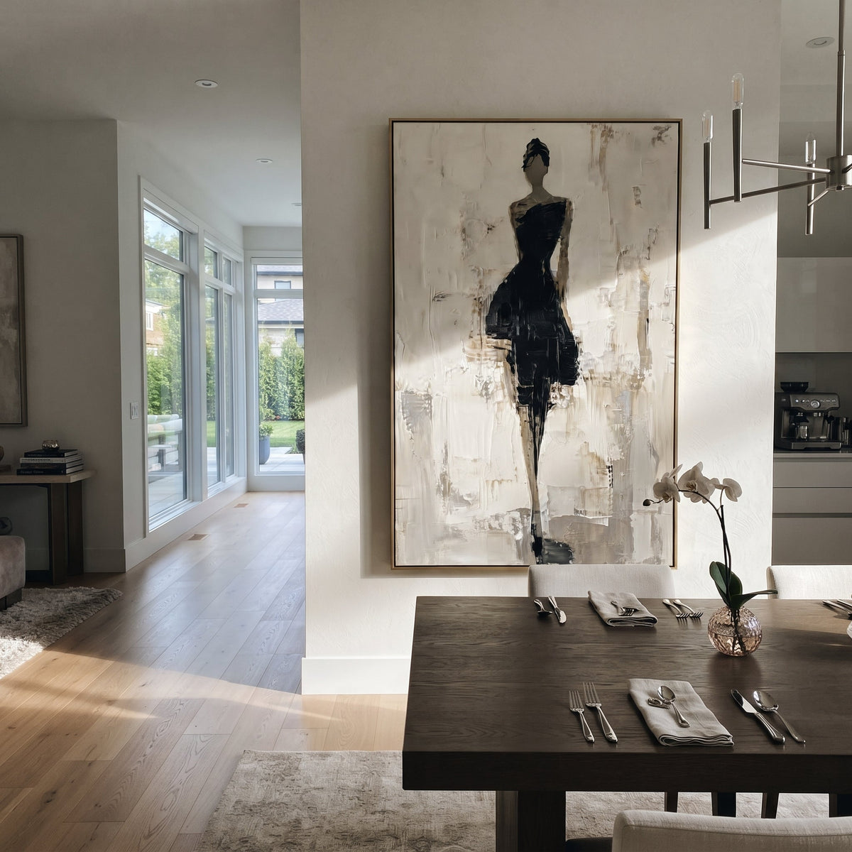 Black Dress Gallery Figure focuses on slender woman in black dress standing in a pale gallery-like field with grey plaster marks. The composition is built from the exact pose, clothing shape, accessories, furniture, animal form, shoreline, palm shape, surfboard, or table arrangement visible in this artwork, so the image reads as a specific modern figurative painting rather than a generic decorative abstract. The black; white; grey palette gives the piece its main atmosphere, while smaller dark
