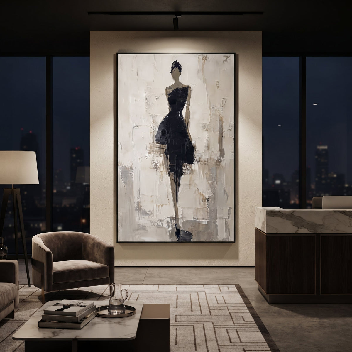 Black Dress Gallery Figure focuses on slender woman in black dress standing in a pale gallery-like field with grey plaster marks. The composition is built from the exact pose, clothing shape, accessories, furniture, animal form, shoreline, palm shape, surfboard, or table arrangement visible in this artwork, so the image reads as a specific modern figurative painting rather than a generic decorative abstract. The black; white; grey palette gives the piece its main atmosphere, while smaller dark