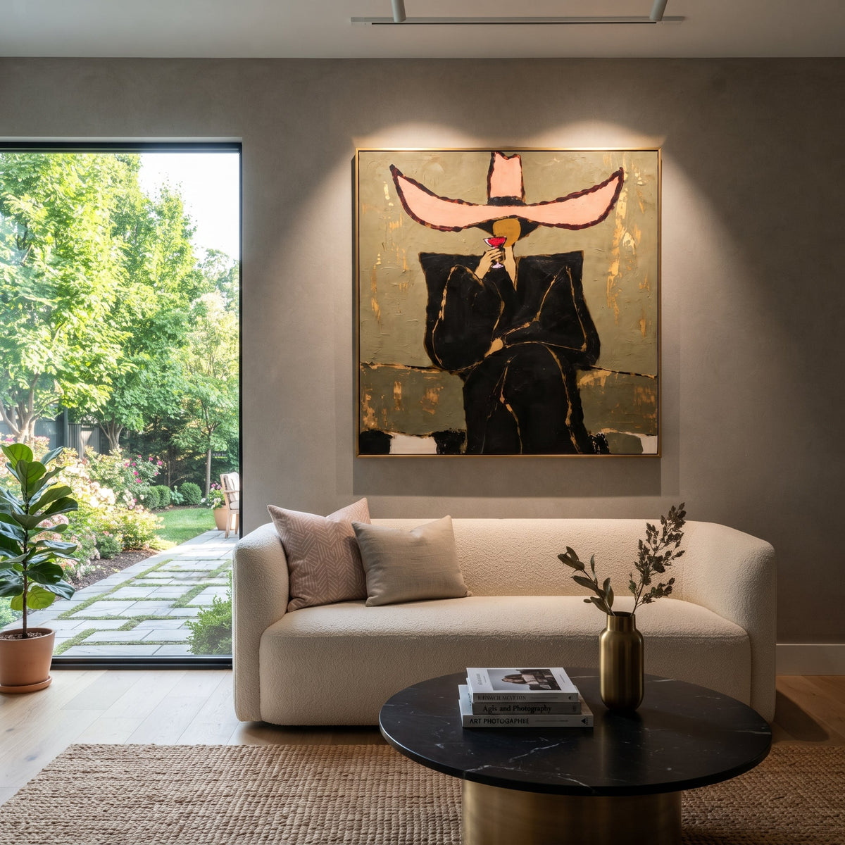 Pink Sombrero Martini Portrait focuses on front-facing black suited figure under an oversized pink hat holding a red martini on an olive ground. The composition is built from the exact pose, clothing shape, accessories, furniture, animal form, shoreline, palm shape, surfboard, or table arrangement visible in this artwork, so the image reads as a specific modern figurative painting rather than a generic decorative abstract. The pink; olive; black palette gives the piece its main atmosphere, while