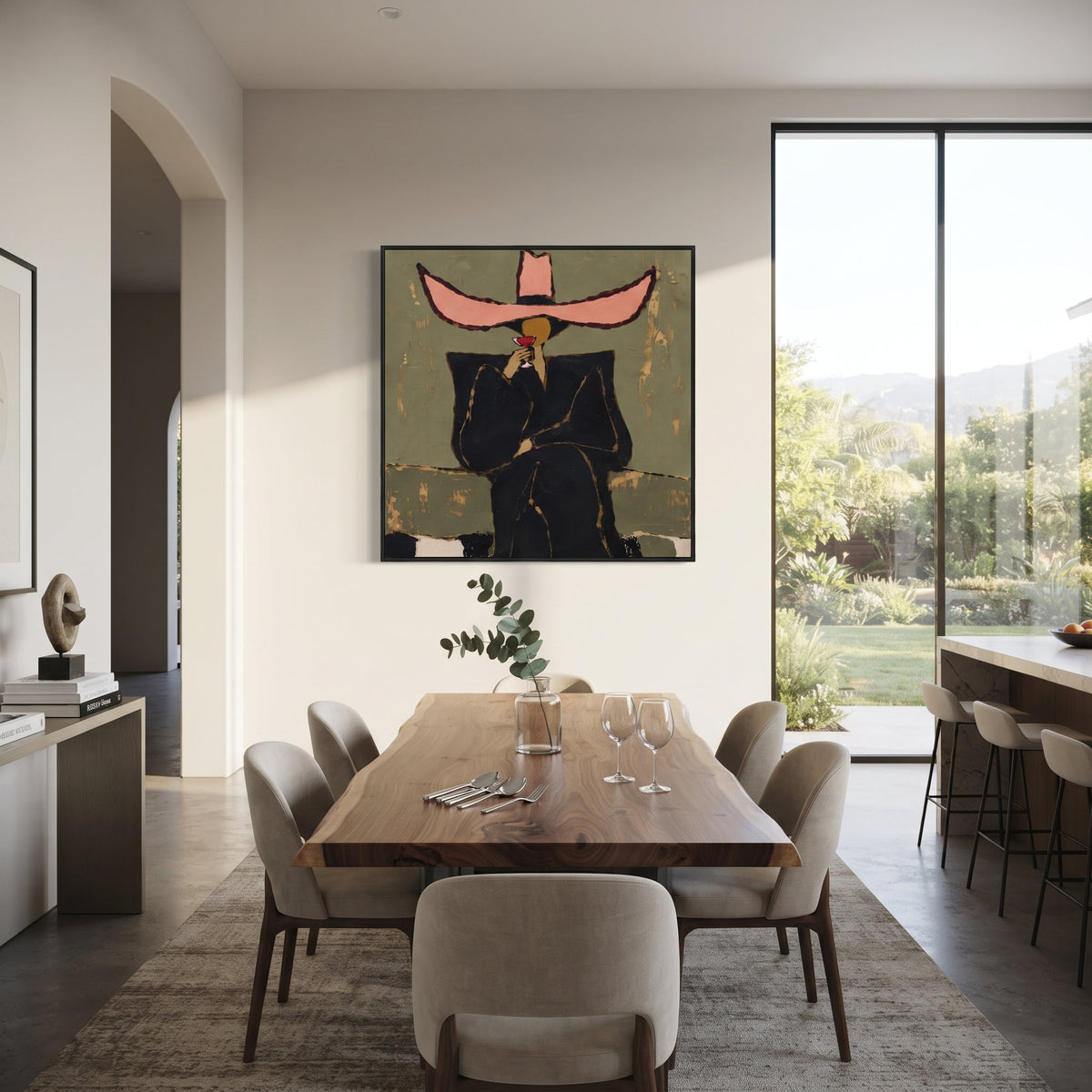 Pink Sombrero Martini Portrait focuses on front-facing black suited figure under an oversized pink hat holding a red martini on an olive ground. The composition is built from the exact pose, clothing shape, accessories, furniture, animal form, shoreline, palm shape, surfboard, or table arrangement visible in this artwork, so the image reads as a specific modern figurative painting rather than a generic decorative abstract. The pink; olive; black palette gives the piece its main atmosphere, while