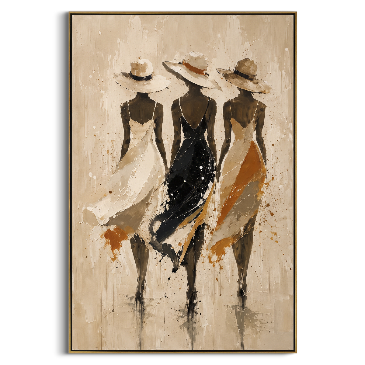 Three Hat Dress Figures focuses on three slim dress figures in cream, black, and ochre hats walking through a pale textured field. The composition is built from the exact pose, clothing shape, accessories, furniture, animal form, shoreline, palm shape, surfboard, or table arrangement visible in this artwork, so the image reads as a specific modern figurative painting rather than a generic decorative abstract. The cream; black; ochre palette gives the piece its main atmosphere, while smaller dark