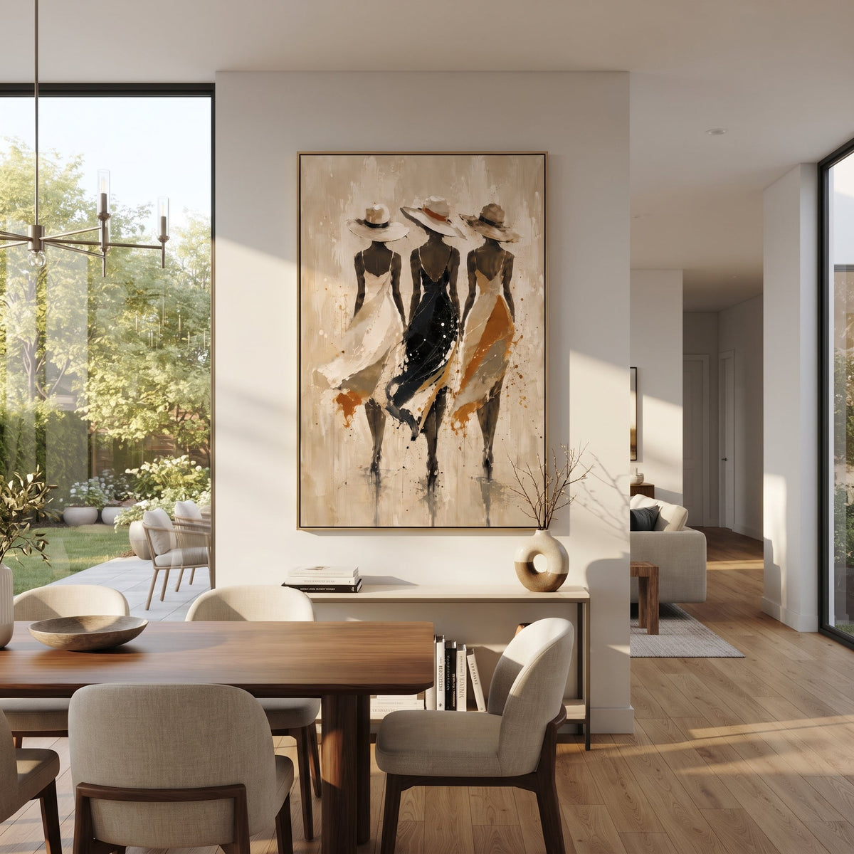 Three Hat Dress Figures focuses on three slim dress figures in cream, black, and ochre hats walking through a pale textured field. The composition is built from the exact pose, clothing shape, accessories, furniture, animal form, shoreline, palm shape, surfboard, or table arrangement visible in this artwork, so the image reads as a specific modern figurative painting rather than a generic decorative abstract. The cream; black; ochre palette gives the piece its main atmosphere, while smaller dark