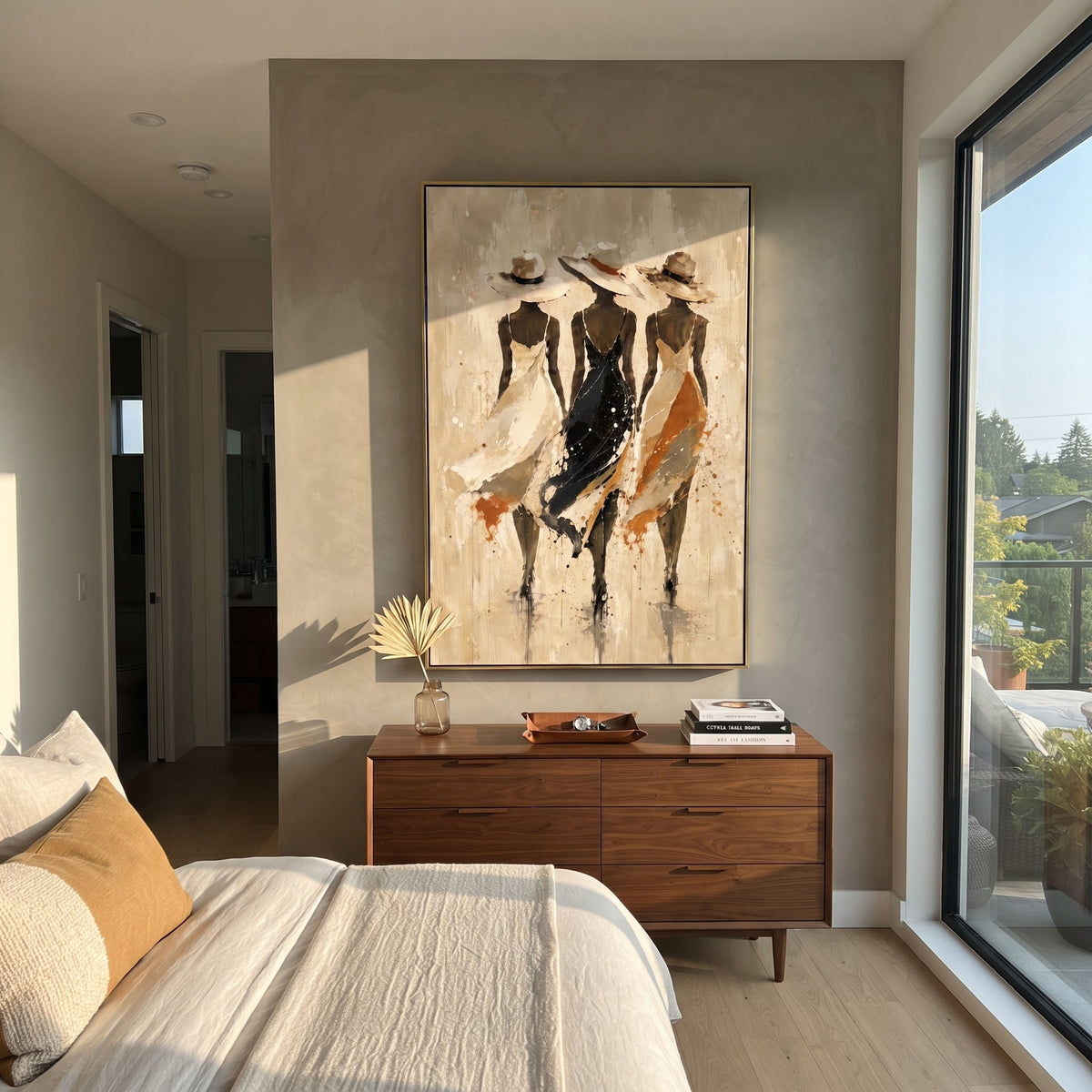 Three Hat Dress Figures focuses on three slim dress figures in cream, black, and ochre hats walking through a pale textured field. The composition is built from the exact pose, clothing shape, accessories, furniture, animal form, shoreline, palm shape, surfboard, or table arrangement visible in this artwork, so the image reads as a specific modern figurative painting rather than a generic decorative abstract. The cream; black; ochre palette gives the piece its main atmosphere, while smaller dark