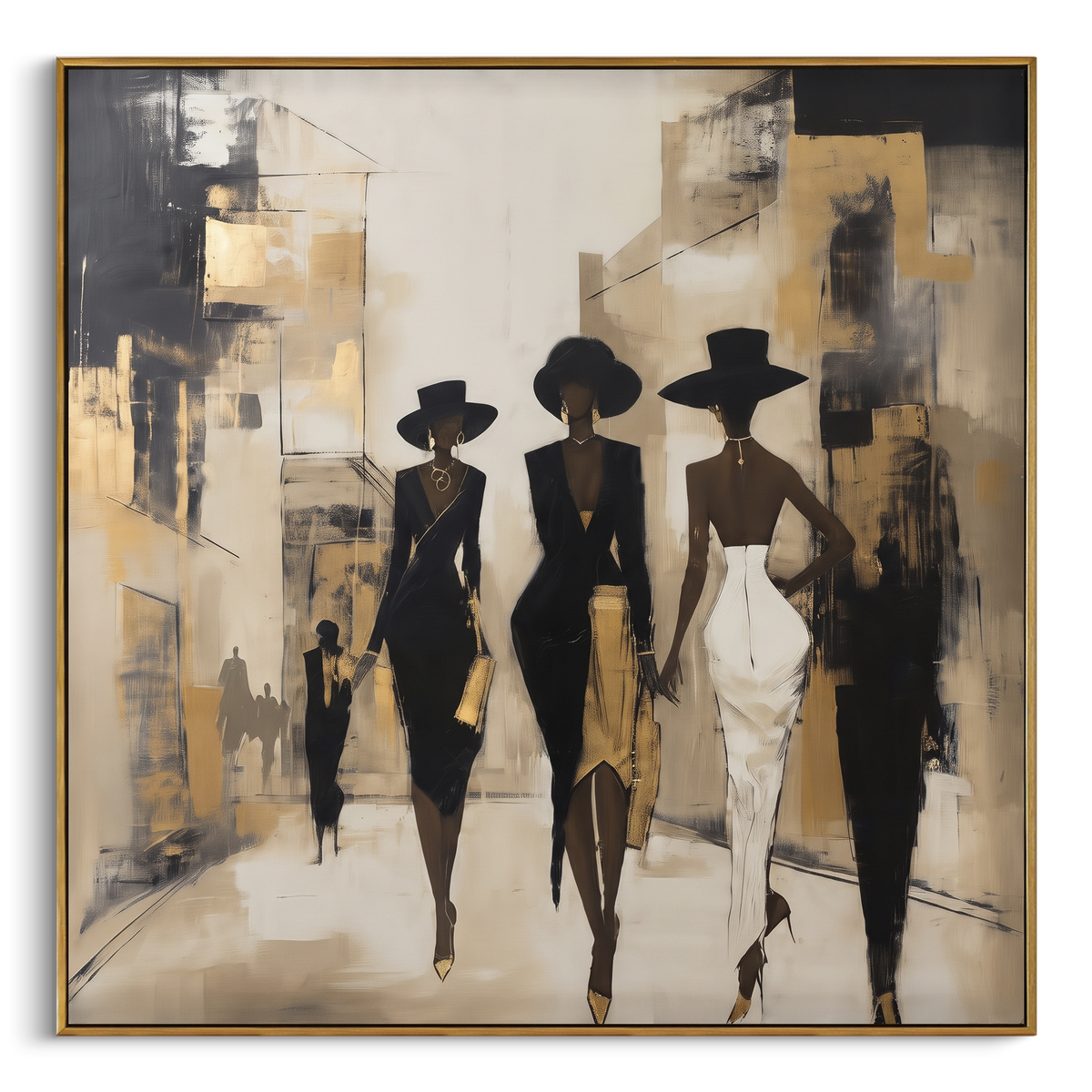 City Runway Hat Trio focuses on three black-hatted fashion figures walking through an abstract city corridor with beige grey blocks. The composition is built from the exact pose, clothing shape, accessories, furniture, animal form, shoreline, palm shape, surfboard, or table arrangement visible in this artwork, so the image reads as a specific modern figurative painting rather than a generic decorative abstract. The beige; black; grey palette gives the piece its main atmosphere, while smaller