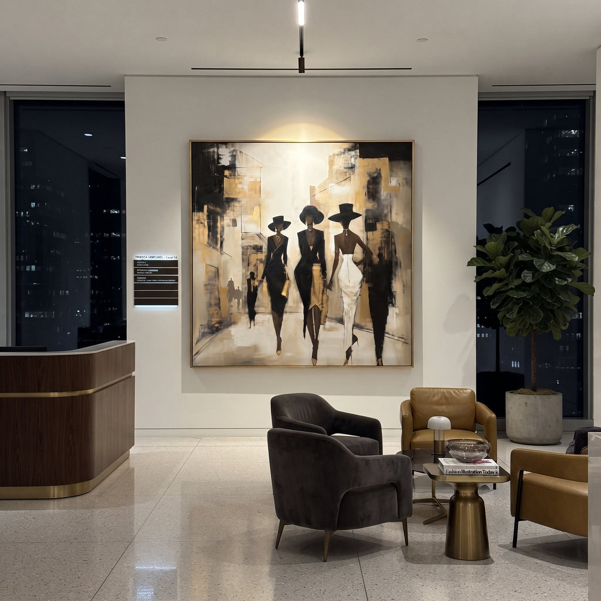 City Runway Hat Trio focuses on three black-hatted fashion figures walking through an abstract city corridor with beige grey blocks. The composition is built from the exact pose, clothing shape, accessories, furniture, animal form, shoreline, palm shape, surfboard, or table arrangement visible in this artwork, so the image reads as a specific modern figurative painting rather than a generic decorative abstract. The beige; black; grey palette gives the piece its main atmosphere, while smaller