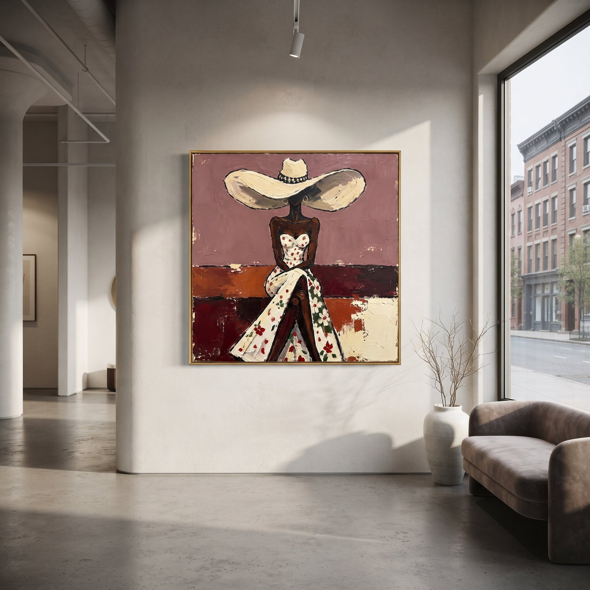 Floral Dress Wide Hat Back focuses on back view woman in white floral dress and large cream hat against mauve and burgundy blocks. The composition is built from the exact pose, clothing shape, accessories, furniture, animal form, shoreline, palm shape, surfboard, or table arrangement visible in this artwork, so the image reads as a specific modern figurative painting rather than a generic decorative abstract. The cream; mauve; burgundy palette gives the piece its main atmosphere, while smaller