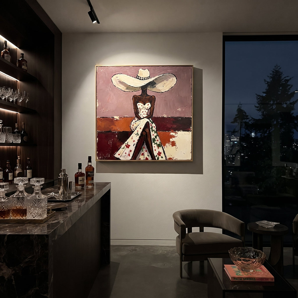 Floral Dress Wide Hat Back focuses on back view woman in white floral dress and large cream hat against mauve and burgundy blocks. The composition is built from the exact pose, clothing shape, accessories, furniture, animal form, shoreline, palm shape, surfboard, or table arrangement visible in this artwork, so the image reads as a specific modern figurative painting rather than a generic decorative abstract. The cream; mauve; burgundy palette gives the piece its main atmosphere, while smaller