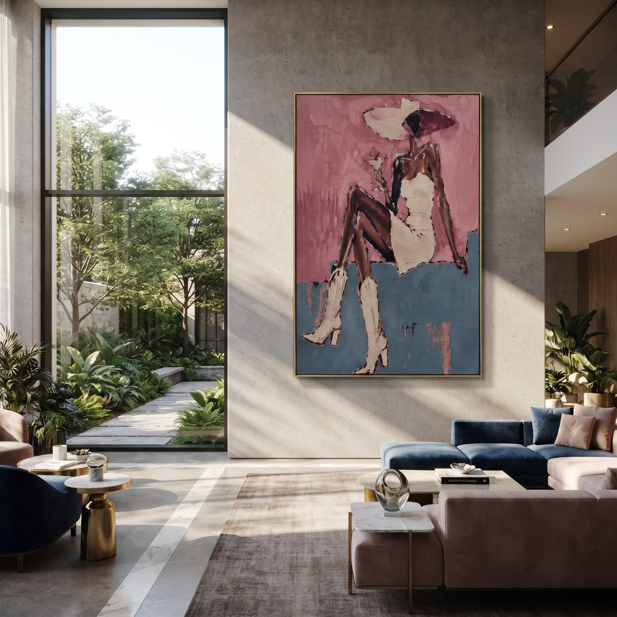 Pink Wall Seated White Dress focuses on seated woman in white dress and pink hat against rose wall and blue ledge. The composition is built from the exact pose, clothing shape, accessories, furniture, animal form, shoreline, palm shape, surfboard, or table arrangement visible in this artwork, so the image reads as a specific modern figurative painting rather than a generic decorative abstract. The pink; white; blue palette gives the piece its main atmosphere, while smaller dark and light accents