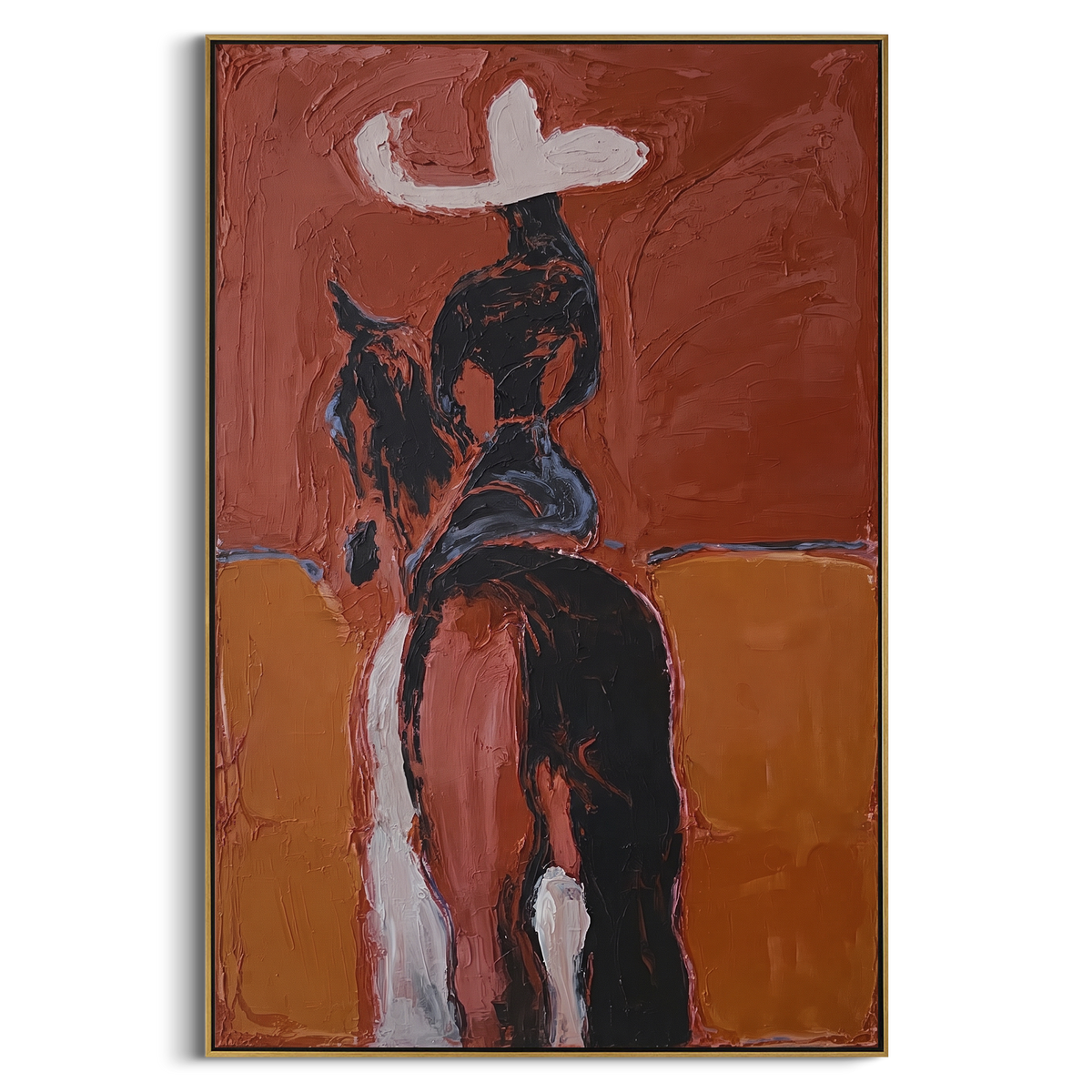 Rust Horse Rider Back focuses on rear view cowgirl on dark horse with white hat against rust orange blocks. The composition is built from the exact pose, clothing shape, accessories, furniture, animal form, shoreline, palm shape, surfboard, or table arrangement visible in this artwork, so the image reads as a specific modern figurative painting rather than a generic decorative abstract. The rust; black; white palette gives the piece its main atmosphere, while smaller dark and light accents