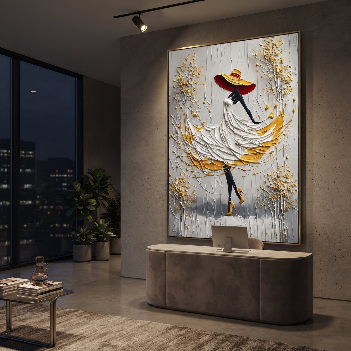 White Dress Golden Leaf Walk focuses on woman in raised white dress and yellow underskirt walking among golden branches on a grey ground. The composition is built from the exact pose, clothing shape, accessories, furniture, animal form, shoreline, palm shape, surfboard, or table arrangement visible in this artwork, so the image reads as a specific modern figurative painting rather than a generic decorative abstract. The white; yellow; grey palette gives the piece its main atmosphere, while
