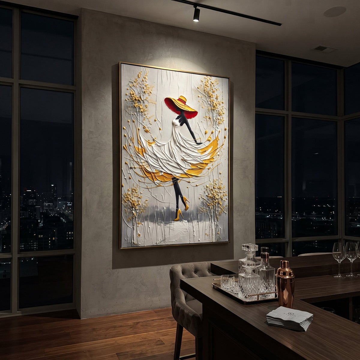 White Dress Golden Leaf Walk focuses on woman in raised white dress and yellow underskirt walking among golden branches on a grey ground. The composition is built from the exact pose, clothing shape, accessories, furniture, animal form, shoreline, palm shape, surfboard, or table arrangement visible in this artwork, so the image reads as a specific modern figurative painting rather than a generic decorative abstract. The white; yellow; grey palette gives the piece its main atmosphere, while
