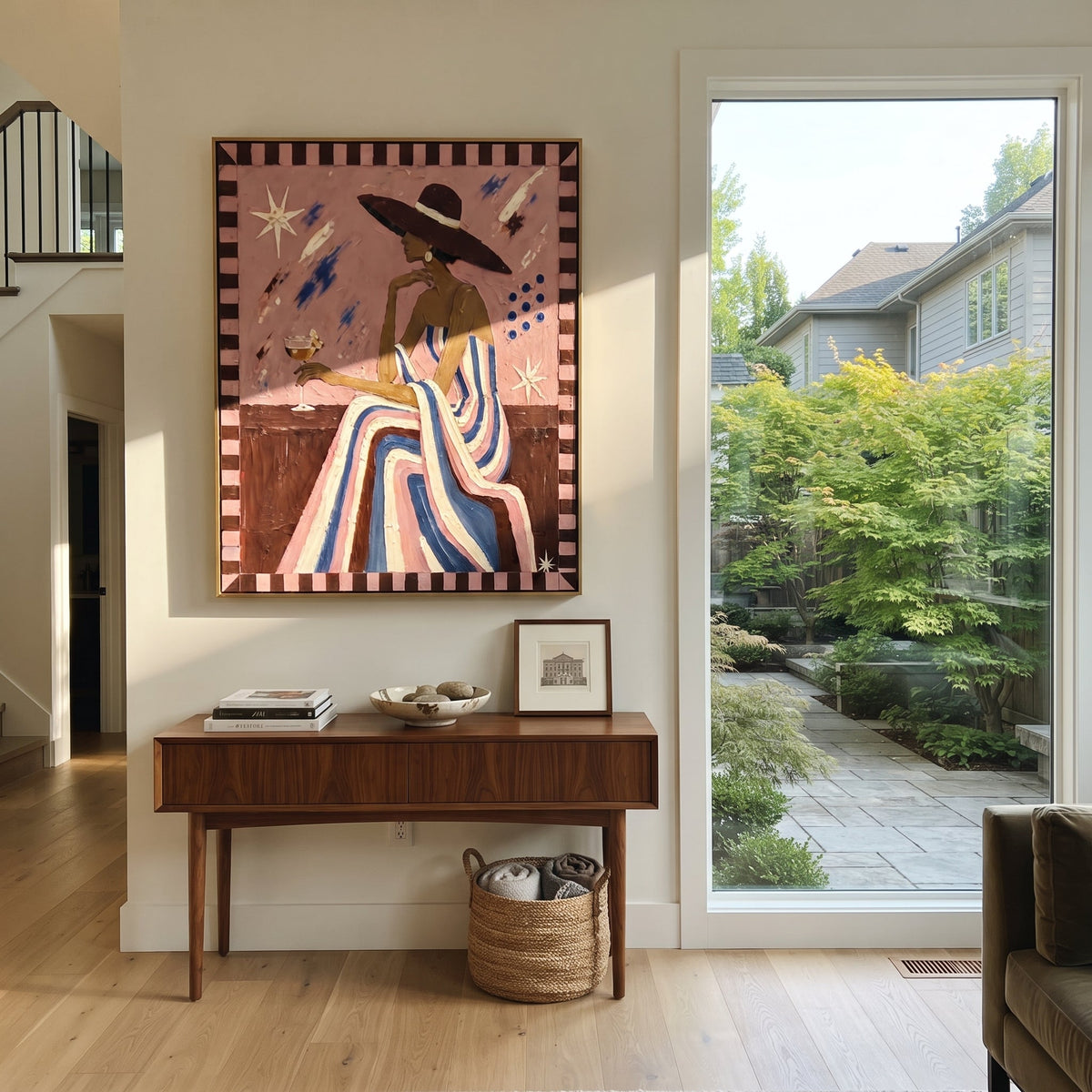 Striped Gown Pink Salon Figure focuses on seated profile woman in striped gown with dark hat, pink salon wall, and playful border marks. The composition is built from the exact pose, clothing shape, accessories, furniture, animal form, shoreline, palm shape, surfboard, or table arrangement visible in this artwork, so the image reads as a specific modern figurative painting rather than a generic decorative abstract. The pink; blue; brown palette gives the piece its main atmosphere, while smaller