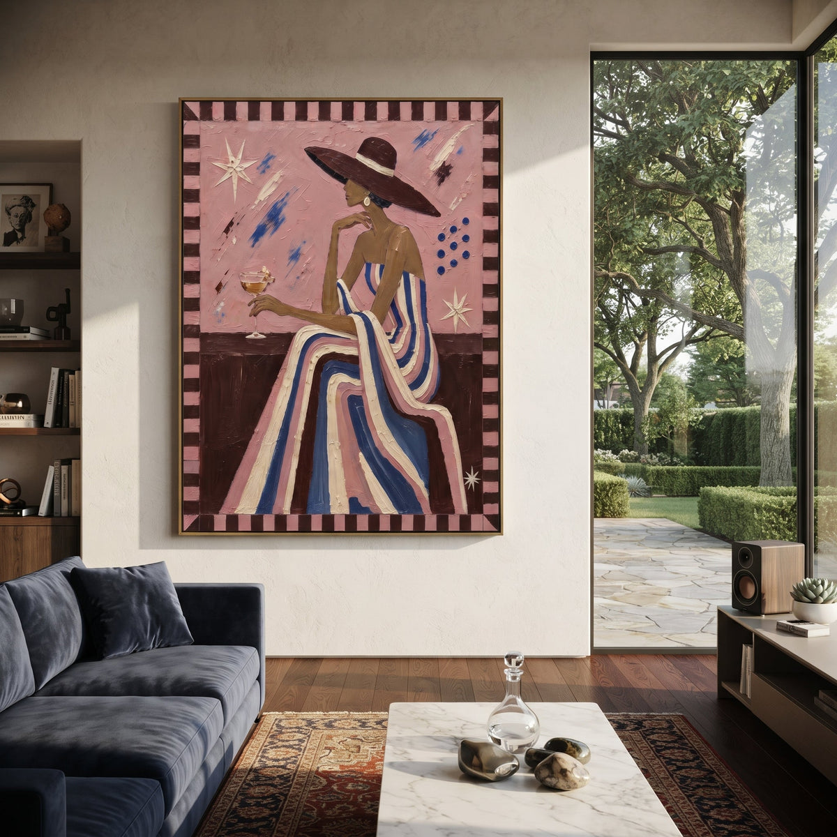 Striped Gown Pink Salon Figure focuses on seated profile woman in striped gown with dark hat, pink salon wall, and playful border marks. The composition is built from the exact pose, clothing shape, accessories, furniture, animal form, shoreline, palm shape, surfboard, or table arrangement visible in this artwork, so the image reads as a specific modern figurative painting rather than a generic decorative abstract. The pink; blue; brown palette gives the piece its main atmosphere, while smaller