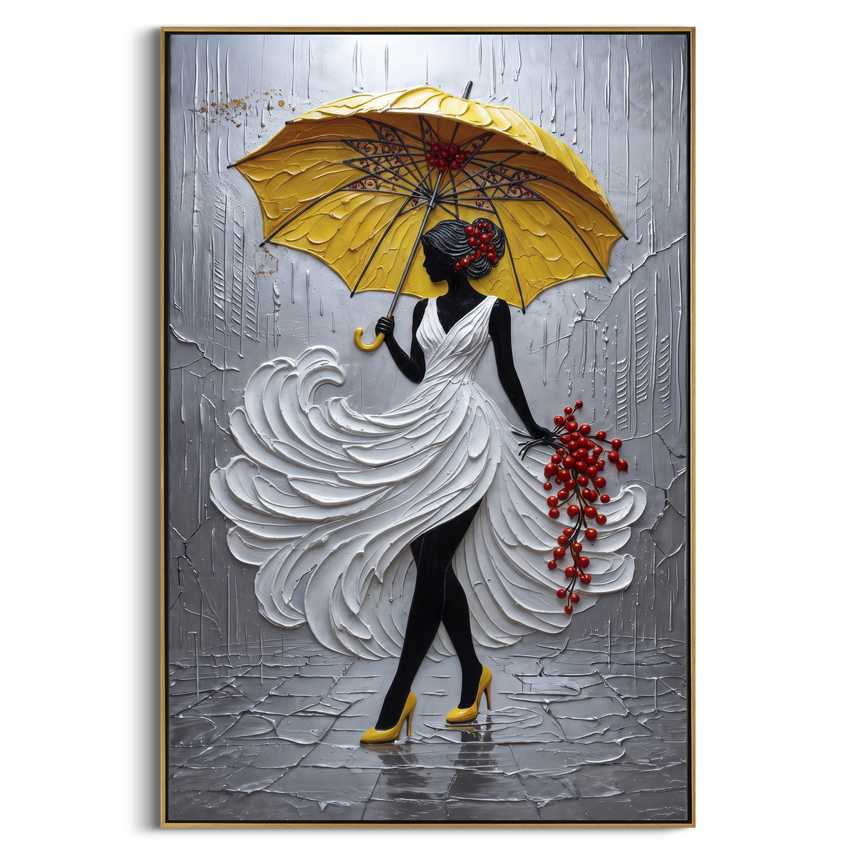 Yellow Umbrella Rain Dress focuses on woman in white sculpted dress under yellow umbrella with red berry accent on grey rain street. The composition is built from the exact pose, clothing shape, accessories, furniture, animal form, shoreline, palm shape, surfboard, or table arrangement visible in this artwork, so the image reads as a specific modern figurative painting rather than a generic decorative abstract. The yellow; white; grey palette gives the piece its main atmosphere, while smaller