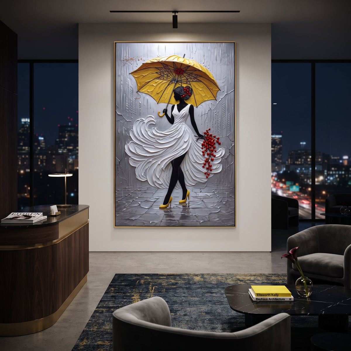 Yellow Umbrella Rain Dress focuses on woman in white sculpted dress under yellow umbrella with red berry accent on grey rain street. The composition is built from the exact pose, clothing shape, accessories, furniture, animal form, shoreline, palm shape, surfboard, or table arrangement visible in this artwork, so the image reads as a specific modern figurative painting rather than a generic decorative abstract. The yellow; white; grey palette gives the piece its main atmosphere, while smaller