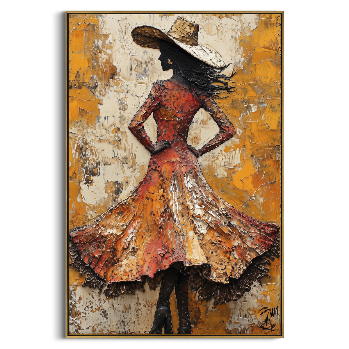 Orange Dress Wind Turn focuses on back view woman in textured orange dress and broad hat turning against yellow white plaster marks. The composition is built from the exact pose, clothing shape, accessories, furniture, animal form, shoreline, palm shape, surfboard, or table arrangement visible in this artwork, so the image reads as a specific modern figurative painting rather than a generic decorative abstract. The orange; yellow; black palette gives the piece its main atmosphere, while smaller