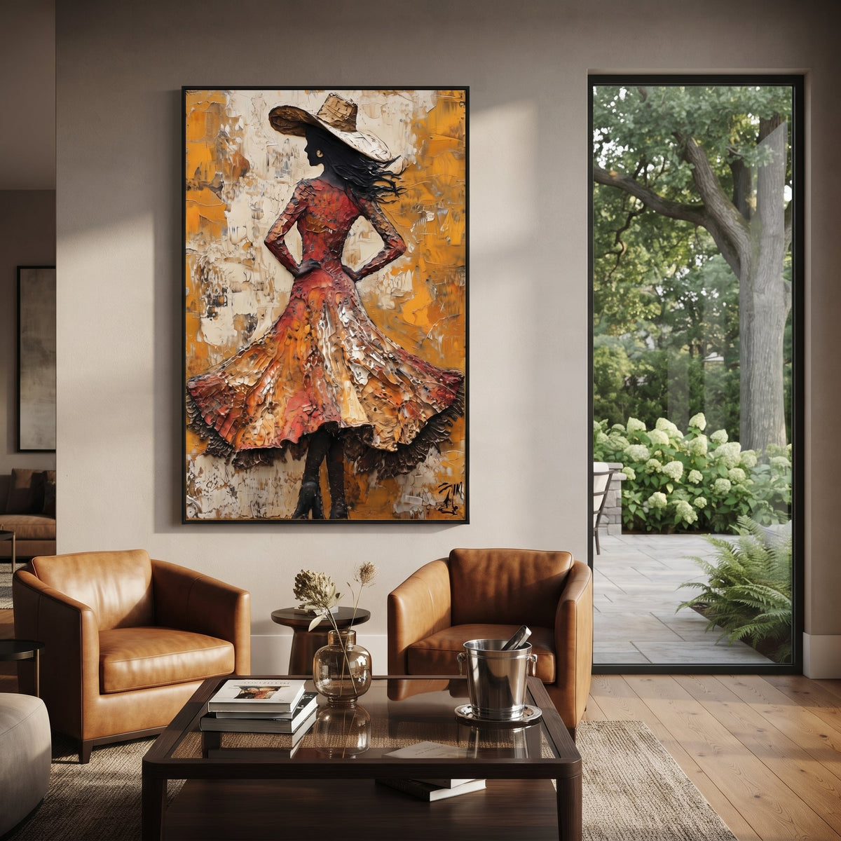 Orange Dress Wind Turn focuses on back view woman in textured orange dress and broad hat turning against yellow white plaster marks. The composition is built from the exact pose, clothing shape, accessories, furniture, animal form, shoreline, palm shape, surfboard, or table arrangement visible in this artwork, so the image reads as a specific modern figurative painting rather than a generic decorative abstract. The orange; yellow; black palette gives the piece its main atmosphere, while smaller