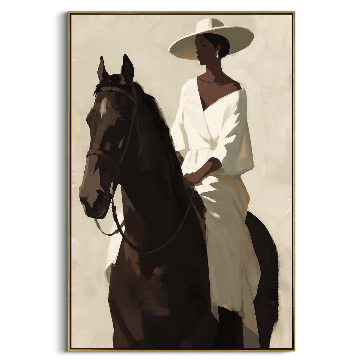 White Dress Horse Portrait focuses on woman in white dress and broad hat seated on dark horse in close vertical portrait. The composition is built from the exact pose, clothing shape, accessories, furniture, animal form, shoreline, palm shape, surfboard, or table arrangement visible in this artwork, so the image reads as a specific modern figurative painting rather than a generic decorative abstract. The white; brown; black palette gives the piece its main atmosphere, while smaller dark and