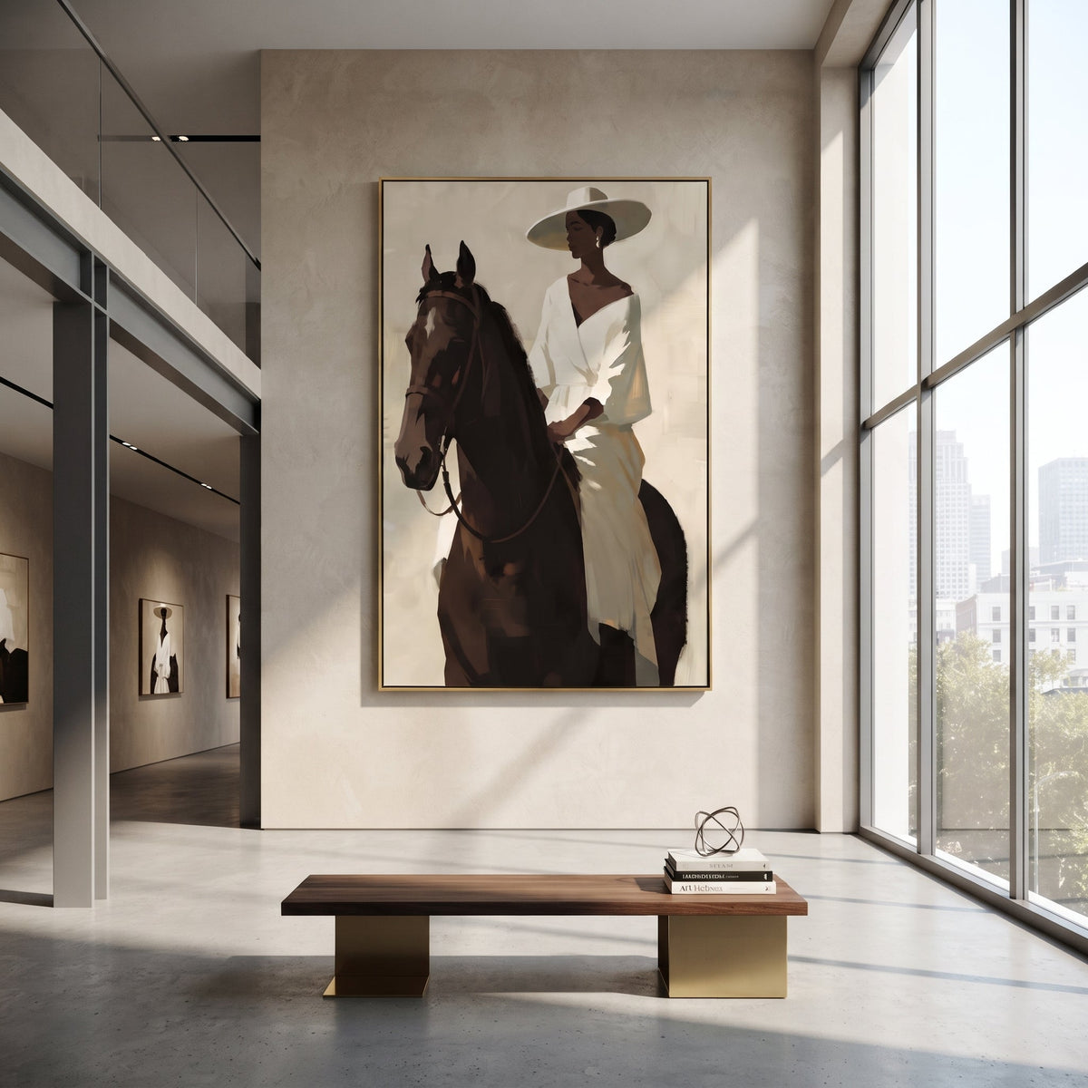 White Dress Horse Portrait focuses on woman in white dress and broad hat seated on dark horse in close vertical portrait. The composition is built from the exact pose, clothing shape, accessories, furniture, animal form, shoreline, palm shape, surfboard, or table arrangement visible in this artwork, so the image reads as a specific modern figurative painting rather than a generic decorative abstract. The white; brown; black palette gives the piece its main atmosphere, while smaller dark and