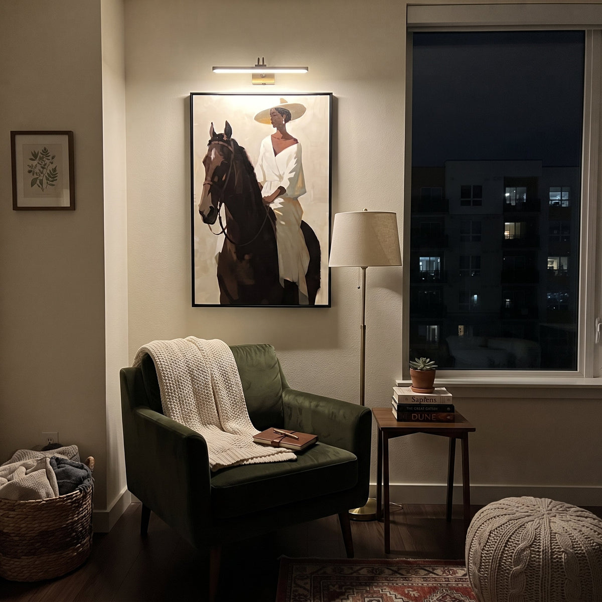 White Dress Horse Portrait focuses on woman in white dress and broad hat seated on dark horse in close vertical portrait. The composition is built from the exact pose, clothing shape, accessories, furniture, animal form, shoreline, palm shape, surfboard, or table arrangement visible in this artwork, so the image reads as a specific modern figurative painting rather than a generic decorative abstract. The white; brown; black palette gives the piece its main atmosphere, while smaller dark and