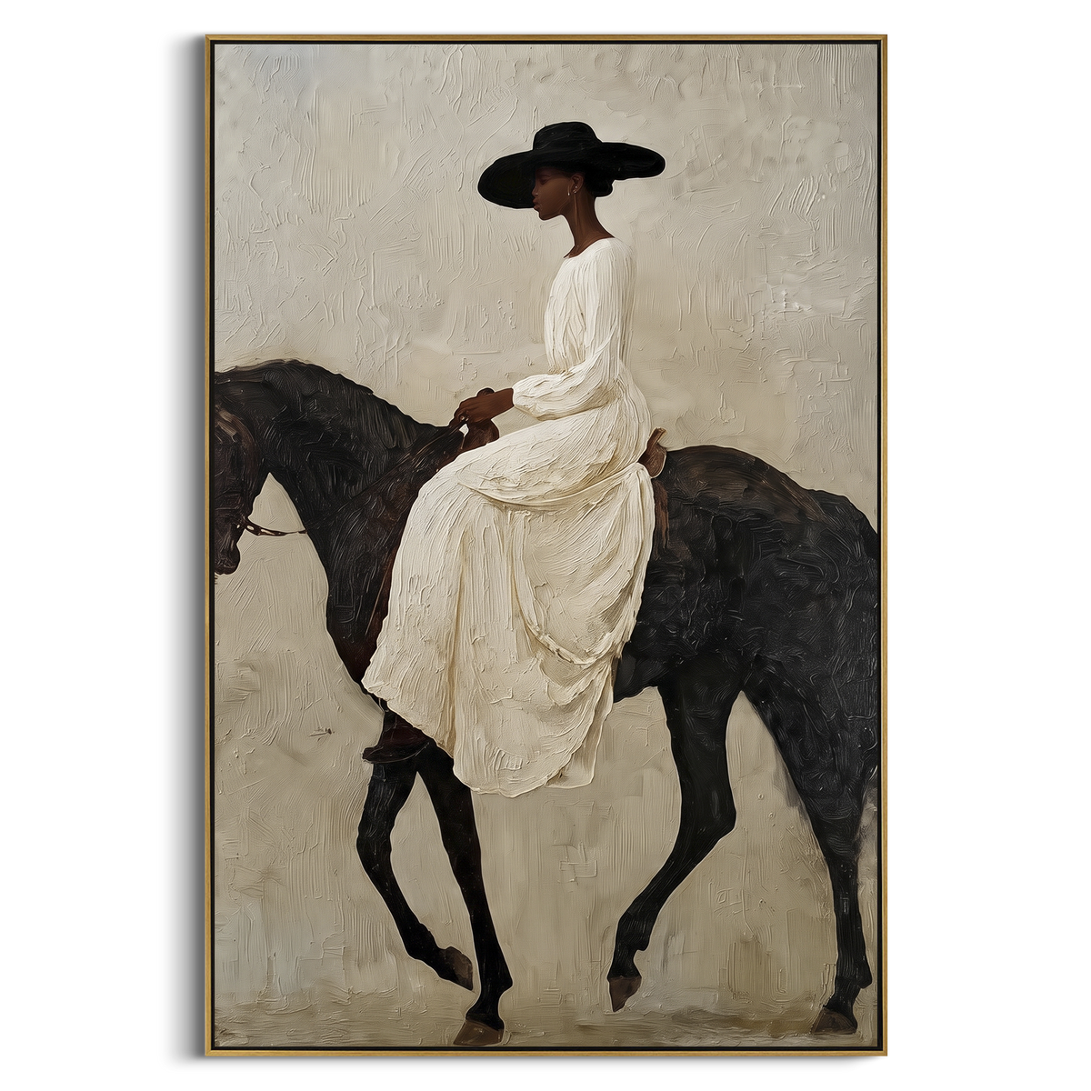 White Gown Black Horse Ride focuses on woman in flowing white gown riding black horse across pale grey ground. The composition is built from the exact pose, clothing shape, accessories, furniture, animal form, shoreline, palm shape, surfboard, or table arrangement visible in this artwork, so the image reads as a specific modern figurative painting rather than a generic decorative abstract. The white; black; grey palette gives the piece its main atmosphere, while smaller dark and light accents