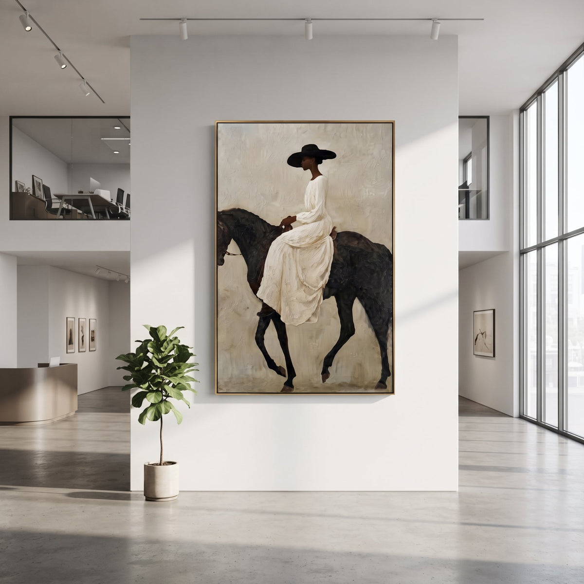 White Gown Black Horse Ride focuses on woman in flowing white gown riding black horse across pale grey ground. The composition is built from the exact pose, clothing shape, accessories, furniture, animal form, shoreline, palm shape, surfboard, or table arrangement visible in this artwork, so the image reads as a specific modern figurative painting rather than a generic decorative abstract. The white; black; grey palette gives the piece its main atmosphere, while smaller dark and light accents