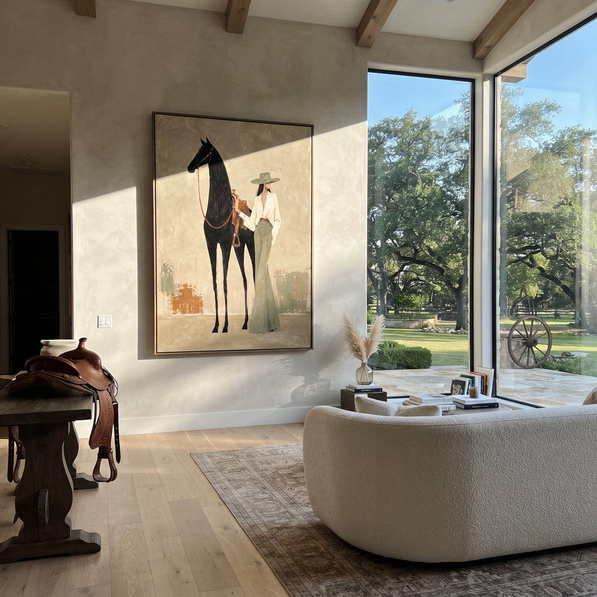 Standing Hat Woman With Horse focuses on standing woman in white jacket and green skirt beside tall black horse on beige ground. The composition is built from the exact pose, clothing shape, accessories, furniture, animal form, shoreline, palm shape, surfboard, or table arrangement visible in this artwork, so the image reads as a specific modern figurative painting rather than a generic decorative abstract. The beige; black; green palette gives the piece its main atmosphere, while smaller dark