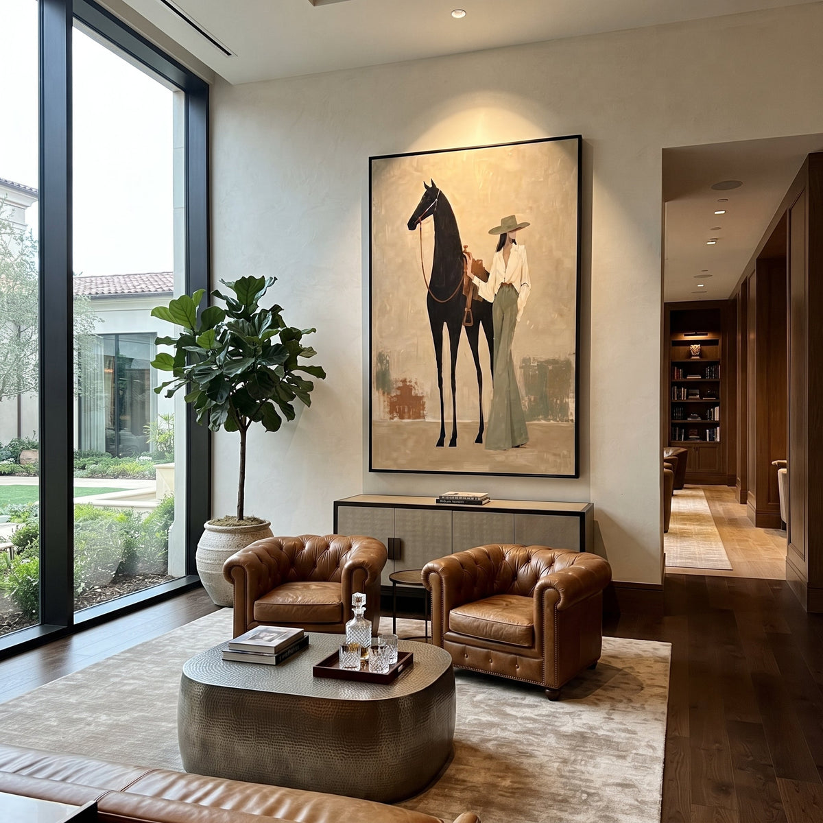 Standing Hat Woman With Horse focuses on standing woman in white jacket and green skirt beside tall black horse on beige ground. The composition is built from the exact pose, clothing shape, accessories, furniture, animal form, shoreline, palm shape, surfboard, or table arrangement visible in this artwork, so the image reads as a specific modern figurative painting rather than a generic decorative abstract. The beige; black; green palette gives the piece its main atmosphere, while smaller dark