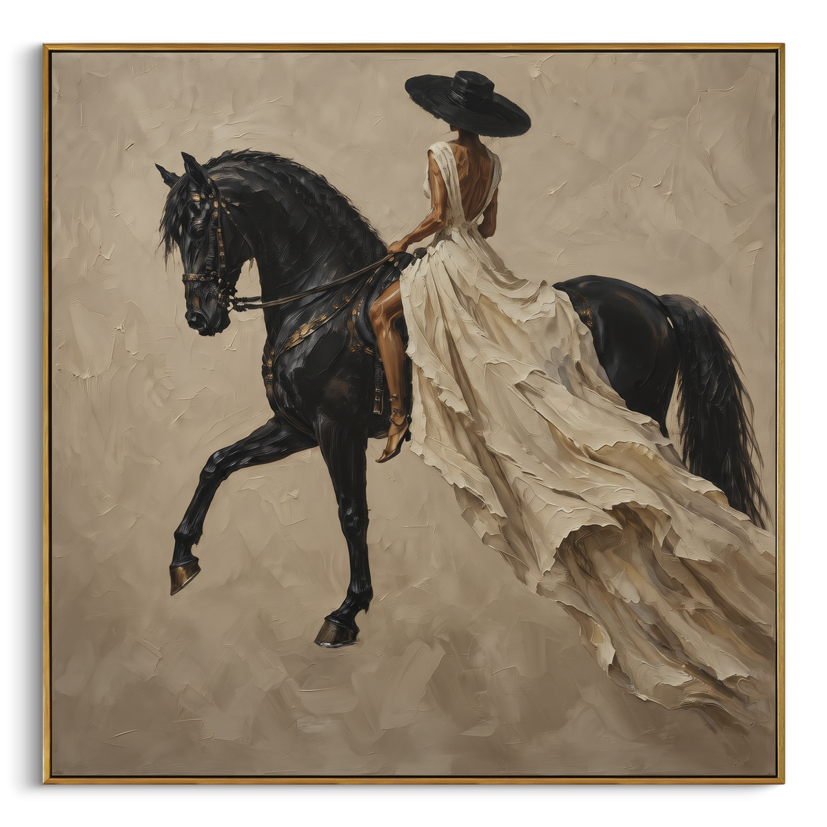 Flowing White Dress Horse focuses on woman in flowing white dress riding black horse across taupe square field. The composition is built from the exact pose, clothing shape, accessories, furniture, animal form, shoreline, palm shape, surfboard, or table arrangement visible in this artwork, so the image reads as a specific modern figurative painting rather than a generic decorative abstract. The white; black; taupe palette gives the piece its main atmosphere, while smaller dark and light accents