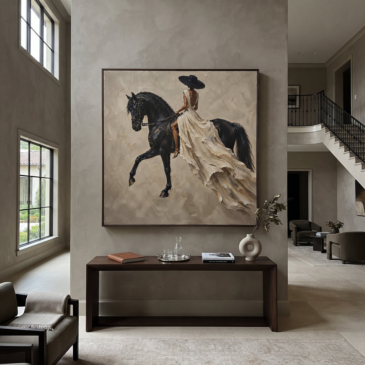 Flowing White Dress Horse focuses on woman in flowing white dress riding black horse across taupe square field. The composition is built from the exact pose, clothing shape, accessories, furniture, animal form, shoreline, palm shape, surfboard, or table arrangement visible in this artwork, so the image reads as a specific modern figurative painting rather than a generic decorative abstract. The white; black; taupe palette gives the piece its main atmosphere, while smaller dark and light accents