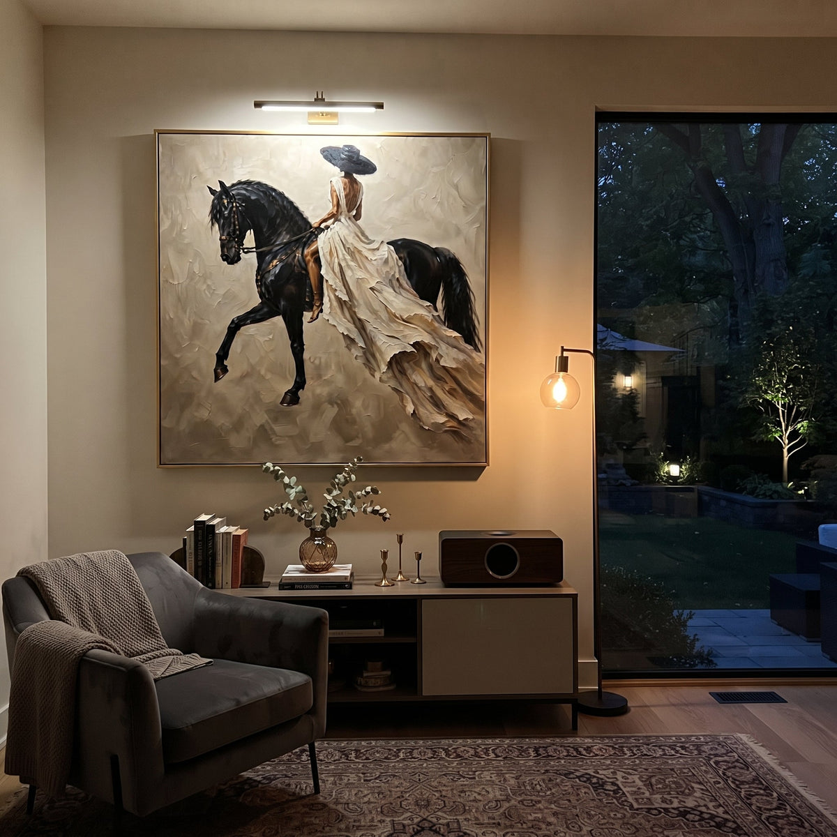Flowing White Dress Horse focuses on woman in flowing white dress riding black horse across taupe square field. The composition is built from the exact pose, clothing shape, accessories, furniture, animal form, shoreline, palm shape, surfboard, or table arrangement visible in this artwork, so the image reads as a specific modern figurative painting rather than a generic decorative abstract. The white; black; taupe palette gives the piece its main atmosphere, while smaller dark and light accents