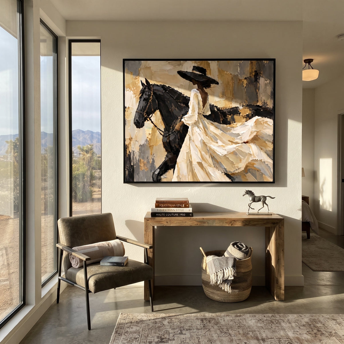 White Dress Horse Side Sweep focuses on horizontal horse and white dress rider with sweeping gown across beige abstract field. The composition is built from the exact pose, clothing shape, accessories, furniture, animal form, shoreline, palm shape, surfboard, or table arrangement visible in this artwork, so the image reads as a specific modern figurative painting rather than a generic decorative abstract. The white; black; beige palette gives the piece its main atmosphere, while smaller dark and