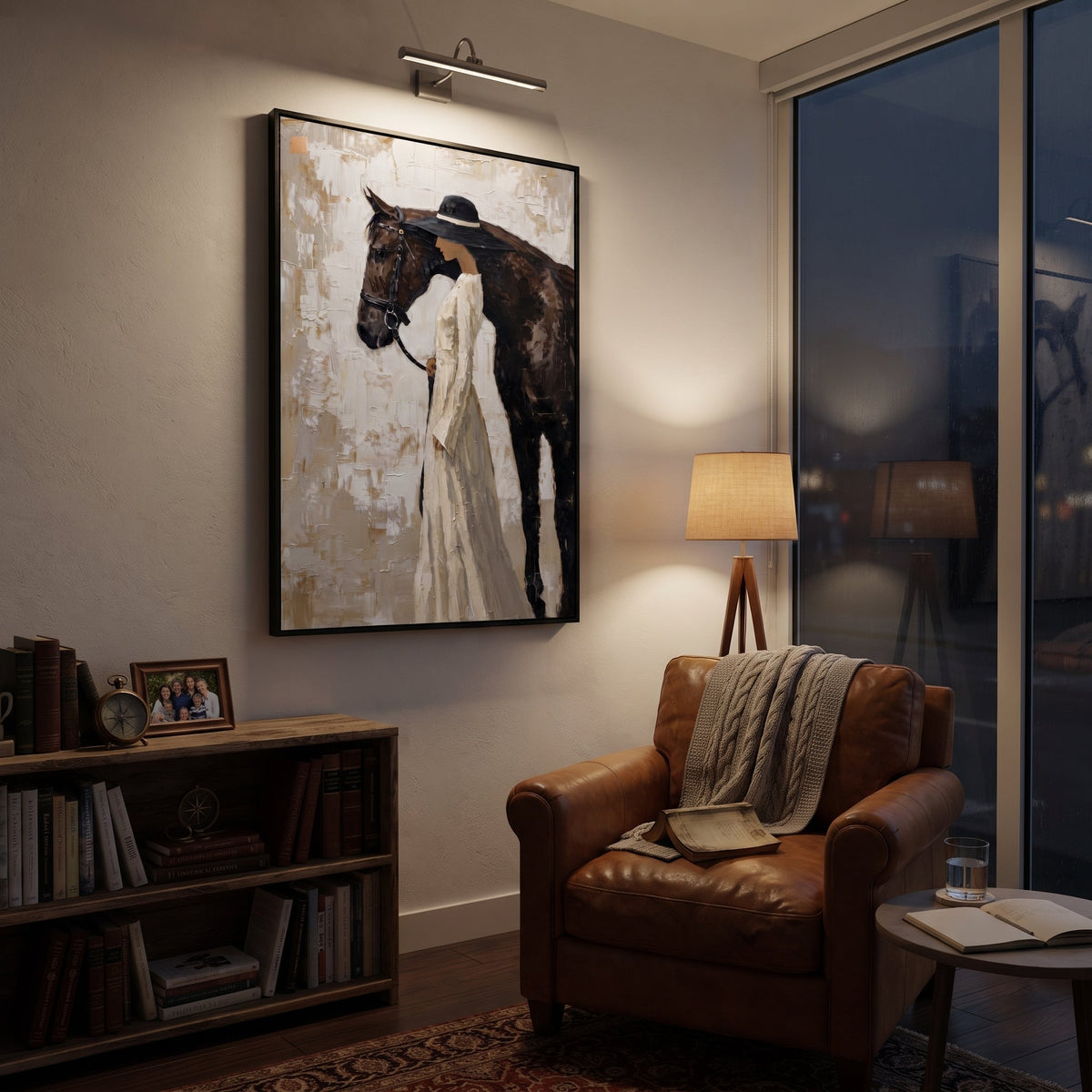 Bride Hat Horse Companion focuses on white-gowned woman standing beside black horse on grey beige textured wall. The composition is built from the exact pose, clothing shape, accessories, furniture, animal form, shoreline, palm shape, surfboard, or table arrangement visible in this artwork, so the image reads as a specific modern figurative painting rather than a generic decorative abstract. The white; black; grey palette gives the piece its main atmosphere, while smaller dark and light accents