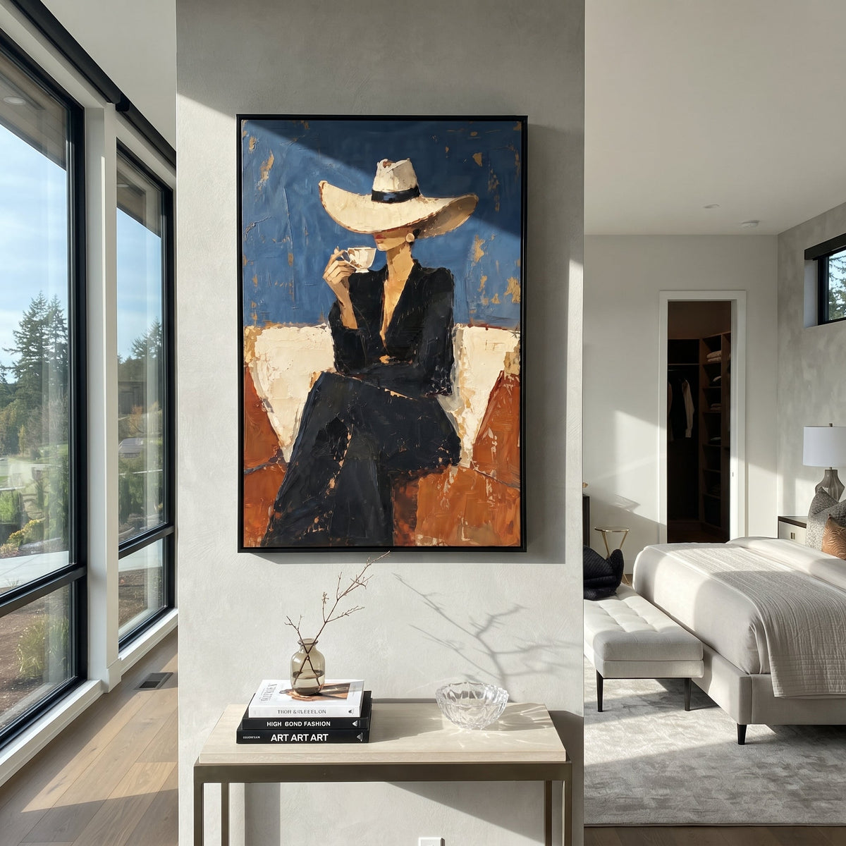 Blue Wall Hat Cocktail Figure focuses on seated black-suited figure in cream hat holding cocktail before blue and rust blocks. The composition is built from the exact pose, clothing shape, accessories, furniture, animal form, shoreline, palm shape, surfboard, or table arrangement visible in this artwork, so the image reads as a specific modern figurative painting rather than a generic decorative abstract. The blue; black; rust palette gives the piece its main atmosphere, while smaller dark and