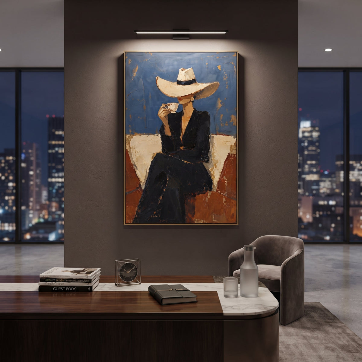 Blue Wall Hat Cocktail Figure focuses on seated black-suited figure in cream hat holding cocktail before blue and rust blocks. The composition is built from the exact pose, clothing shape, accessories, furniture, animal form, shoreline, palm shape, surfboard, or table arrangement visible in this artwork, so the image reads as a specific modern figurative painting rather than a generic decorative abstract. The blue; black; rust palette gives the piece its main atmosphere, while smaller dark and