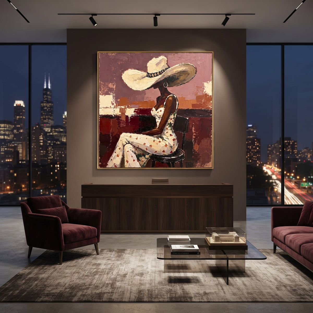Floral Dress Bar Stool focuses on side view woman in floral white dress and wide hat seated on stool against red burgundy room. The composition is built from the exact pose, clothing shape, accessories, furniture, animal form, shoreline, palm shape, surfboard, or table arrangement visible in this artwork, so the image reads as a specific modern figurative painting rather than a generic decorative abstract. The cream; red; burgundy palette gives the piece its main atmosphere, while smaller dark