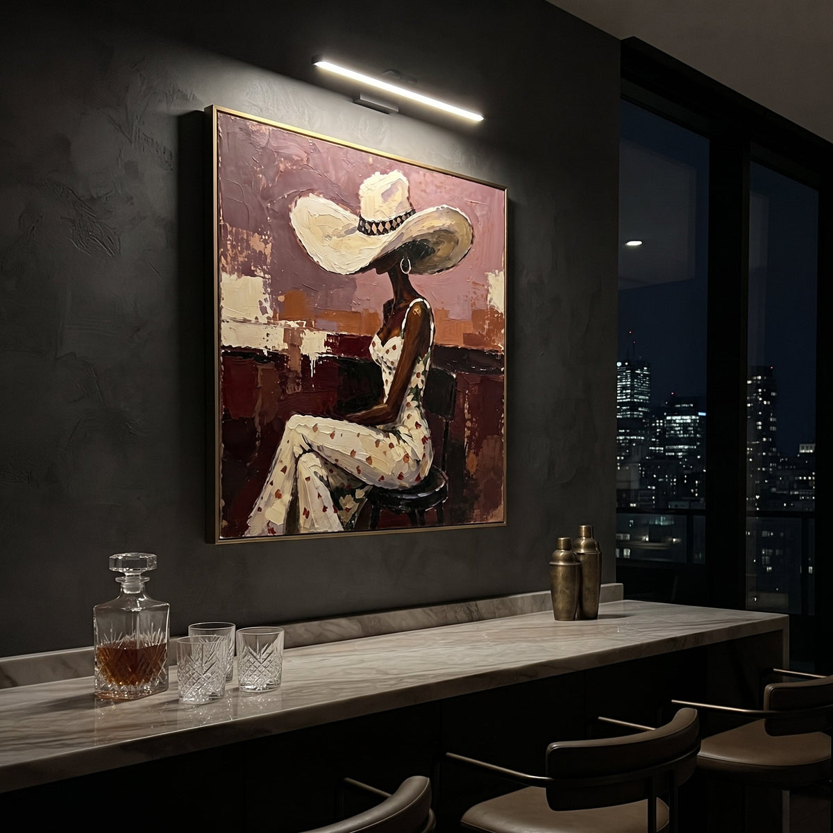 Floral Dress Bar Stool focuses on side view woman in floral white dress and wide hat seated on stool against red burgundy room. The composition is built from the exact pose, clothing shape, accessories, furniture, animal form, shoreline, palm shape, surfboard, or table arrangement visible in this artwork, so the image reads as a specific modern figurative painting rather than a generic decorative abstract. The cream; red; burgundy palette gives the piece its main atmosphere, while smaller dark