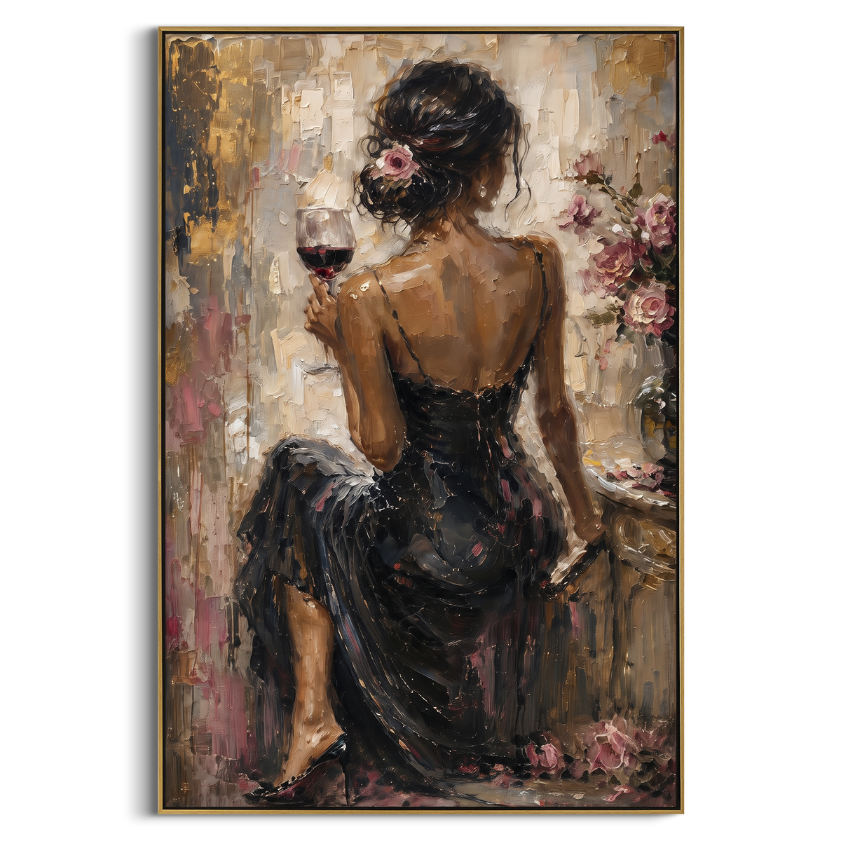Back Lace Black Dress Vanity focuses on back view woman in black lace dress holding wine beside roses and dressing table. The composition is built from the exact pose, clothing shape, accessories, furniture, animal form, shoreline, palm shape, surfboard, or table arrangement visible in this artwork, so the image reads as a specific modern figurative painting rather than a generic decorative abstract. The black; pink; beige palette gives the piece its main atmosphere, while smaller dark and light