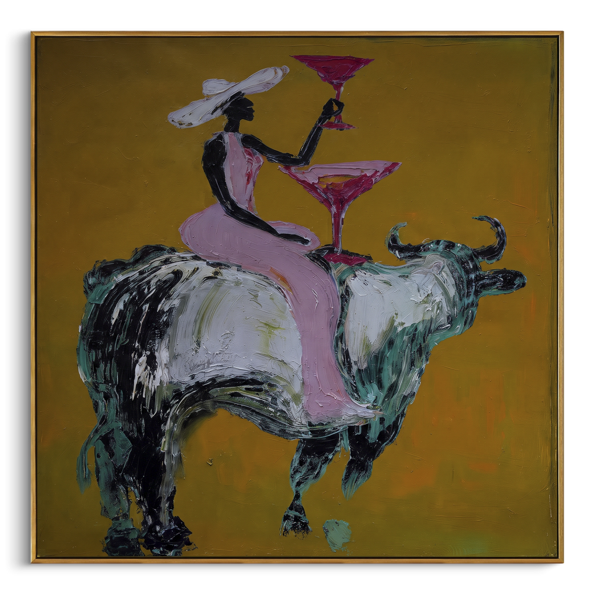 Pink Bull Martini Rider focuses on pink-clad cowgirl on grey bull lifting a martini against mustard ground. The composition is built from the exact pose, clothing shape, accessories, furniture, animal form, shoreline, palm shape, surfboard, or table arrangement visible in this artwork, so the image reads as a specific modern figurative painting rather than a generic decorative abstract. The pink; mustard; grey palette gives the piece its main atmosphere, while smaller dark and light accents