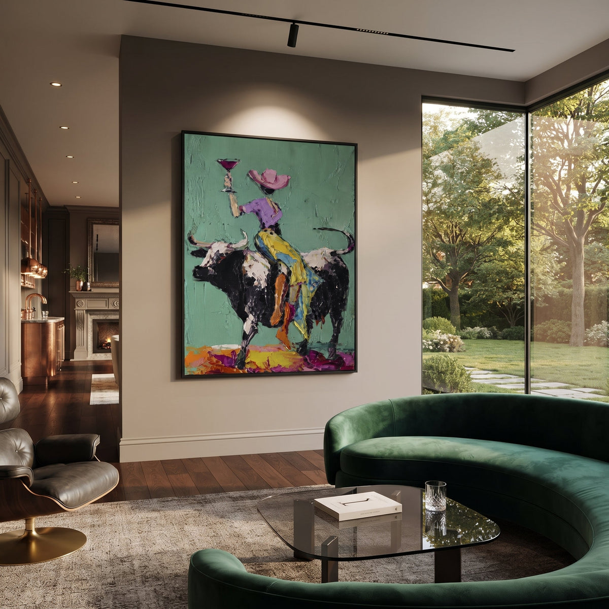 Mint Bull Yellow Rider focuses on yellow-pants rider on black and white bull holding pink martini on mint background. The composition is built from the exact pose, clothing shape, accessories, furniture, animal form, shoreline, palm shape, surfboard, or table arrangement visible in this artwork, so the image reads as a specific modern figurative painting rather than a generic decorative abstract. The mint; yellow; black palette gives the piece its main atmosphere, while smaller dark and light