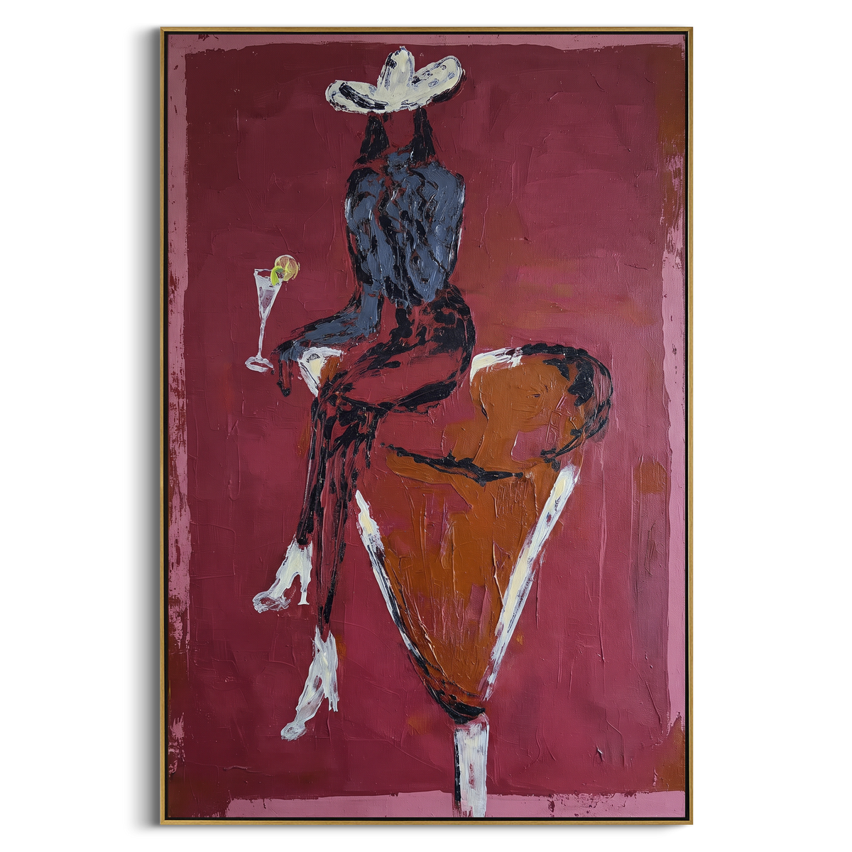 Red Back Bull Rider focuses on back view rider on orange bull with white hat, martini glass, and rose red ground. The composition is built from the exact pose, clothing shape, accessories, furniture, animal form, shoreline, palm shape, surfboard, or table arrangement visible in this artwork, so the image reads as a specific modern figurative painting rather than a generic decorative abstract. The red; orange; white palette gives the piece its main atmosphere, while smaller dark and light accents