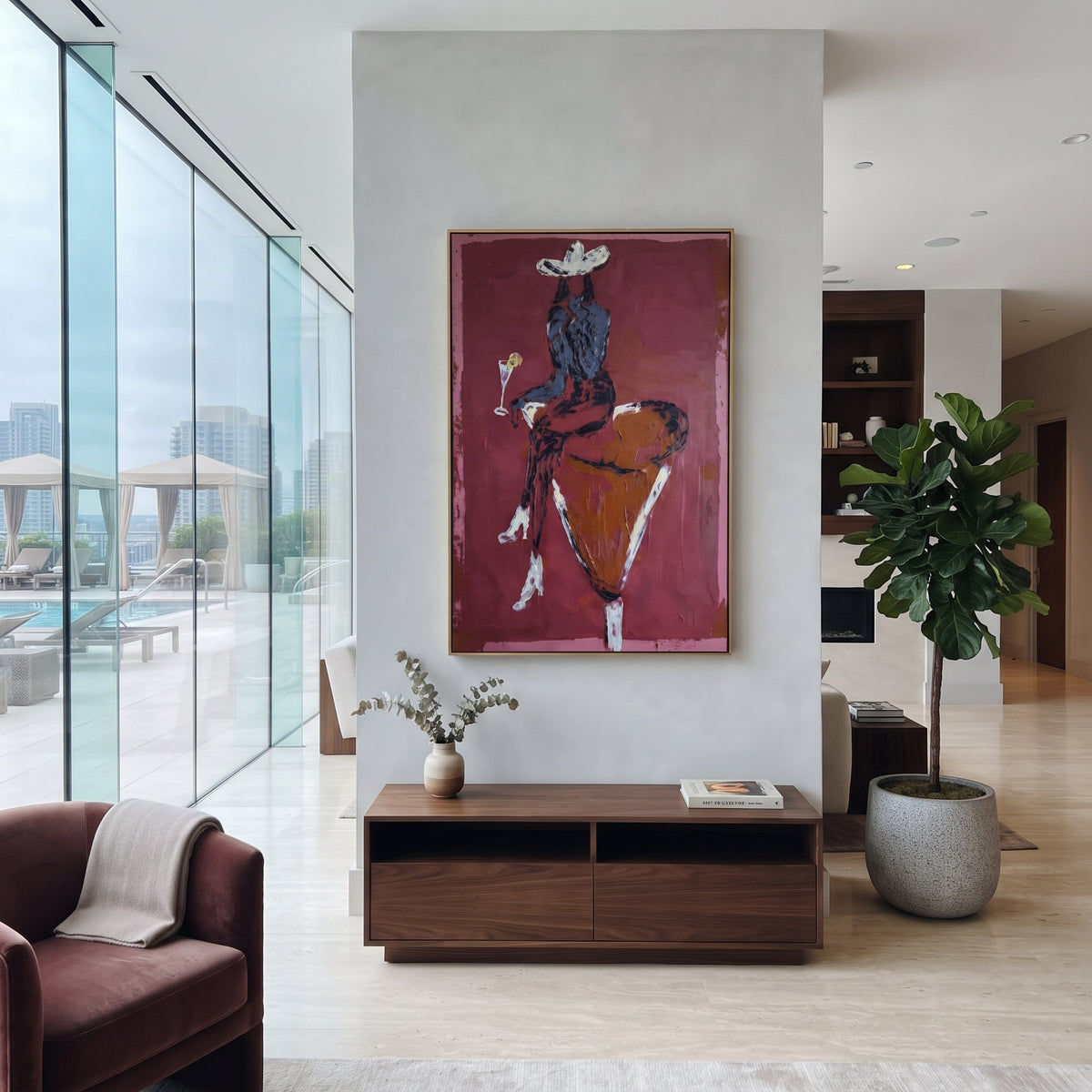 Red Back Bull Rider focuses on back view rider on orange bull with white hat, martini glass, and rose red ground. The composition is built from the exact pose, clothing shape, accessories, furniture, animal form, shoreline, palm shape, surfboard, or table arrangement visible in this artwork, so the image reads as a specific modern figurative painting rather than a generic decorative abstract. The red; orange; white palette gives the piece its main atmosphere, while smaller dark and light accents