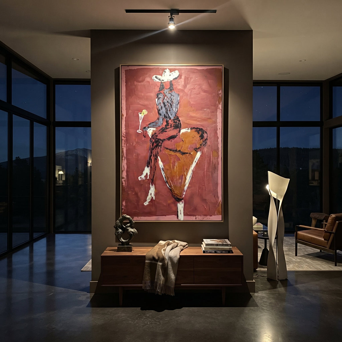 Red Back Bull Rider focuses on back view rider on orange bull with white hat, martini glass, and rose red ground. The composition is built from the exact pose, clothing shape, accessories, furniture, animal form, shoreline, palm shape, surfboard, or table arrangement visible in this artwork, so the image reads as a specific modern figurative painting rather than a generic decorative abstract. The red; orange; white palette gives the piece its main atmosphere, while smaller dark and light accents