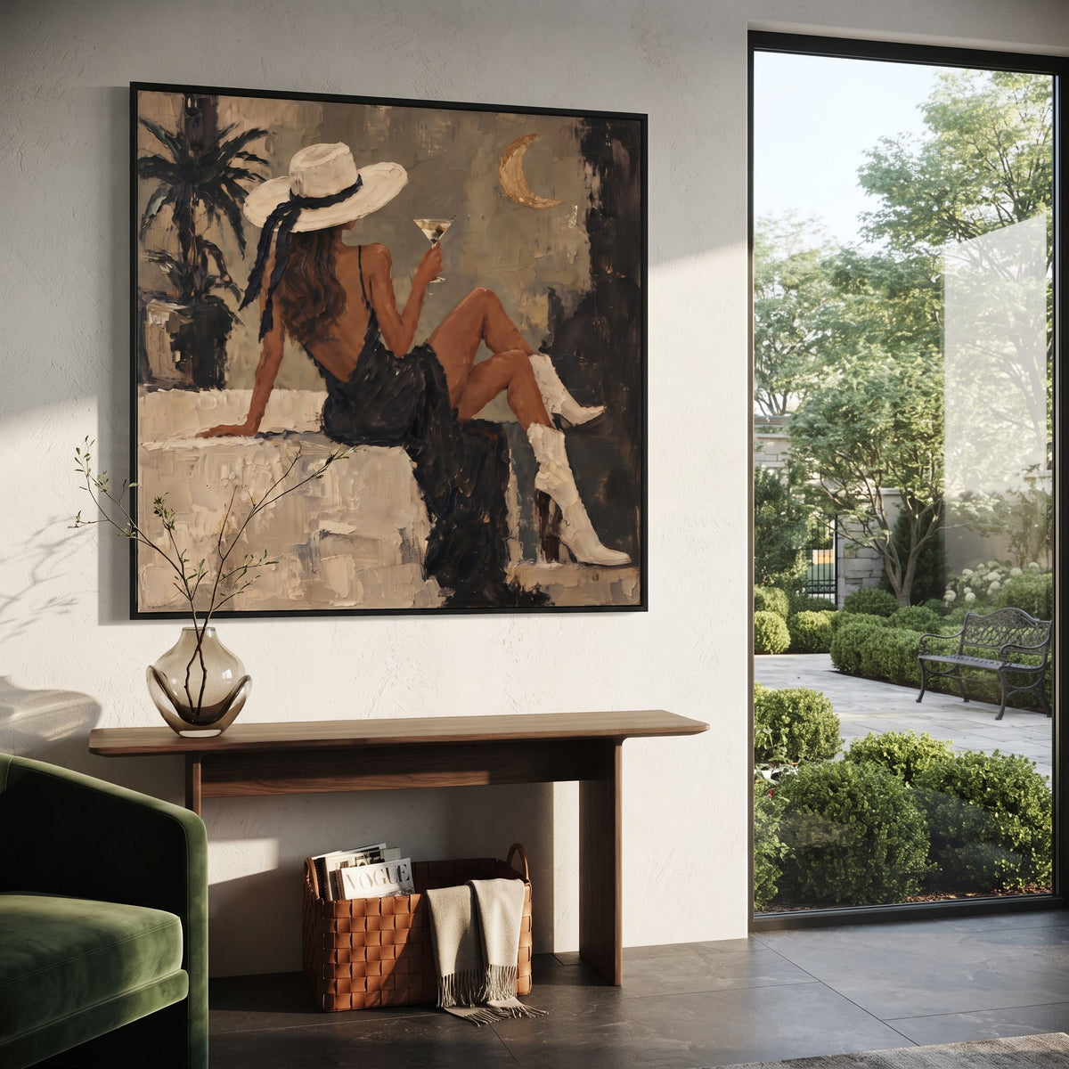 Moonlit Palm Cocktail Seat focuses on seated woman in black dress and white boots holding cocktail near palm silhouette and crescent moon. The composition is built from the exact pose, clothing shape, accessories, furniture, animal form, shoreline, palm shape, surfboard, or table arrangement visible in this artwork, so the image reads as a specific modern figurative painting rather than a generic decorative abstract. The taupe; black; cream palette gives the piece its main atmosphere, while