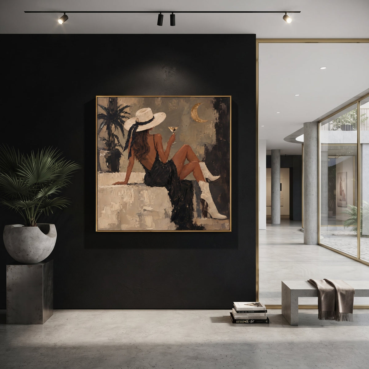 Moonlit Palm Cocktail Seat focuses on seated woman in black dress and white boots holding cocktail near palm silhouette and crescent moon. The composition is built from the exact pose, clothing shape, accessories, furniture, animal form, shoreline, palm shape, surfboard, or table arrangement visible in this artwork, so the image reads as a specific modern figurative painting rather than a generic decorative abstract. The taupe; black; cream palette gives the piece its main atmosphere, while