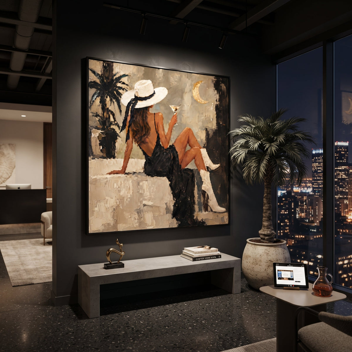 Moonlit Palm Cocktail Seat focuses on seated woman in black dress and white boots holding cocktail near palm silhouette and crescent moon. The composition is built from the exact pose, clothing shape, accessories, furniture, animal form, shoreline, palm shape, surfboard, or table arrangement visible in this artwork, so the image reads as a specific modern figurative painting rather than a generic decorative abstract. The taupe; black; cream palette gives the piece its main atmosphere, while