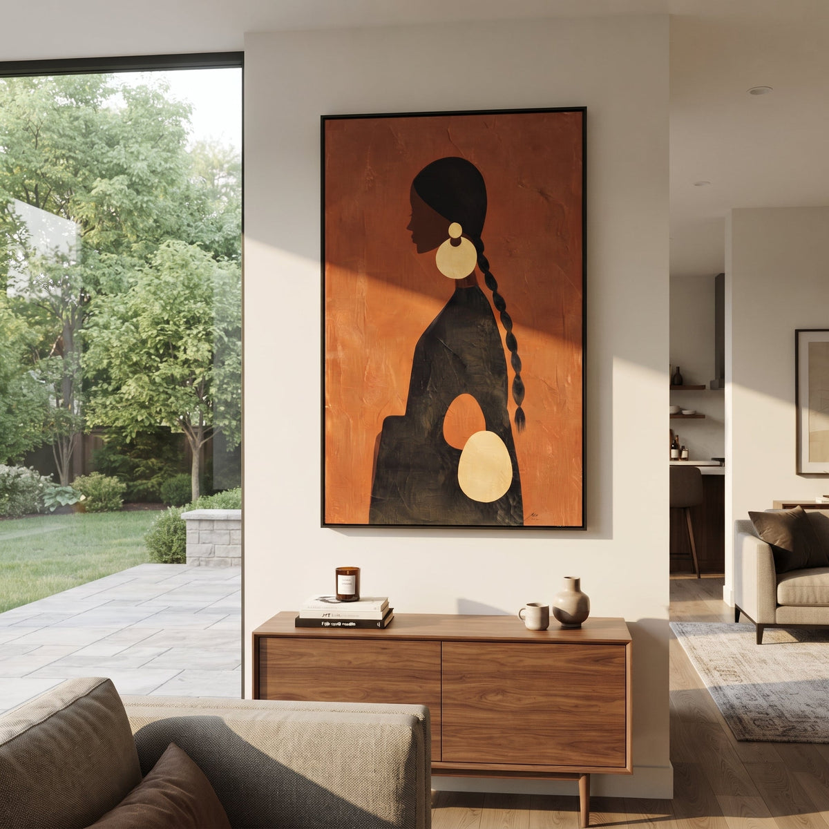 Orange Profile Gold Earrings focuses on profile portrait of black woman with long braid and oversized gold earrings on orange ground. The composition is built from the exact pose, clothing shape, accessories, furniture, animal form, shoreline, palm shape, surfboard, or table arrangement visible in this artwork, so the image reads as a specific modern figurative painting rather than a generic decorative abstract. The orange; black; gold palette gives the piece its main atmosphere, while smaller