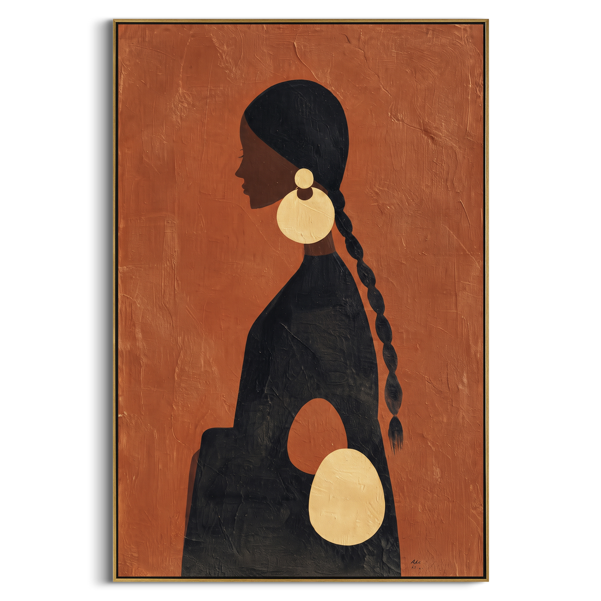 Orange Profile Gold Earrings focuses on profile portrait of black woman with long braid and oversized gold earrings on orange ground. The composition is built from the exact pose, clothing shape, accessories, furniture, animal form, shoreline, palm shape, surfboard, or table arrangement visible in this artwork, so the image reads as a specific modern figurative painting rather than a generic decorative abstract. The orange; black; gold palette gives the piece its main atmosphere, while smaller